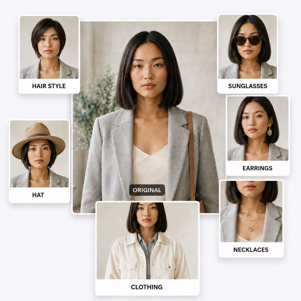 The same CMEINIT customer shown across hair, hat, sunglasses, earrings, necklaces and clothing experiences